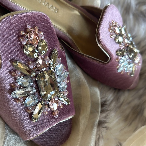 Pink velvet slides Rhinestones crystals New with dustbags & a box - Picture 9 of 10